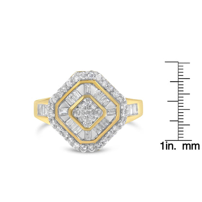 Front-facing view of a yellow metal ring with multiple white gemstones in round and baguette shapes, some prong-set and some channel-set, displayed next to a ruler for size reference.