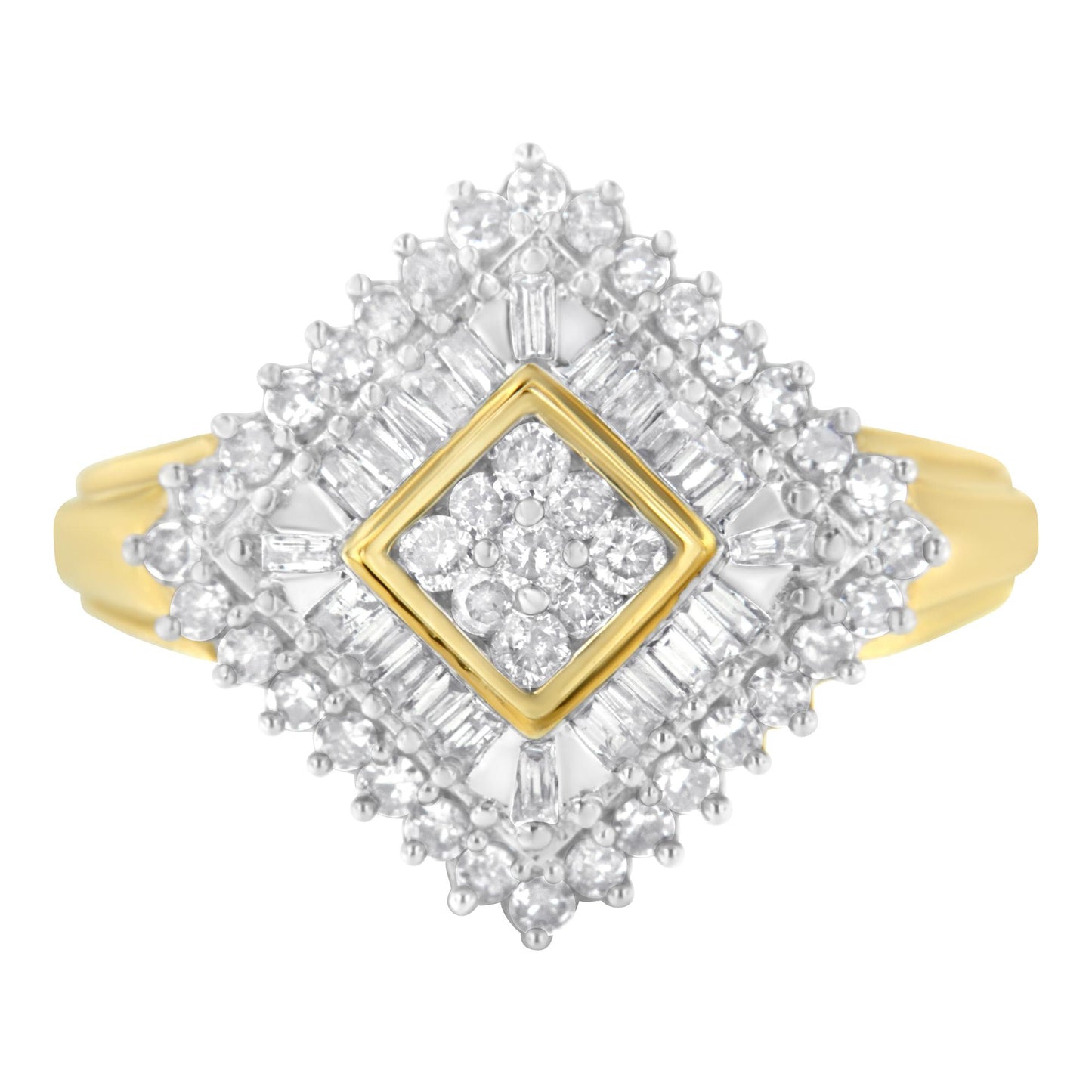 Top-down view of a yellow metal ring with a square arrangement of round white gemstones in prong setting at the center, surrounded by a border of baguette white gemstones in channel setting and an outer layer of round white gemstones in prong setting.