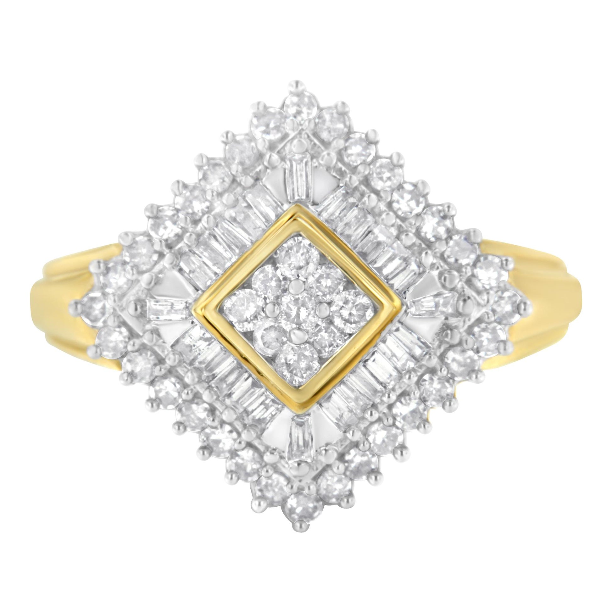 Top-down view of a yellow metal ring with a square arrangement of round white gemstones in prong setting at the center, surrounded by a border of baguette white gemstones in channel setting and an outer layer of round white gemstones in prong setting.
