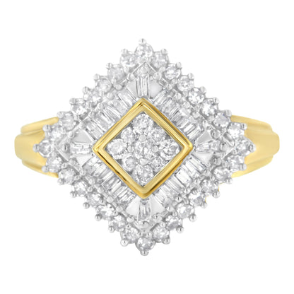 Top-down view of a yellow metal ring with a square arrangement of round white gemstones in prong setting at the center, surrounded by a border of baguette white gemstones in channel setting and an outer layer of round white gemstones in prong setting.