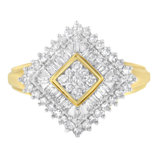 Top-down view of a yellow metal ring with a square arrangement of round white gemstones in prong setting at the center, surrounded by a border of baguette white gemstones in channel setting and an outer layer of round white gemstones in prong setting.