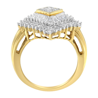 Yellow metal ring with layered square top, featuring round and baguette white gemstones in prong and channel settings, shown from side angle.