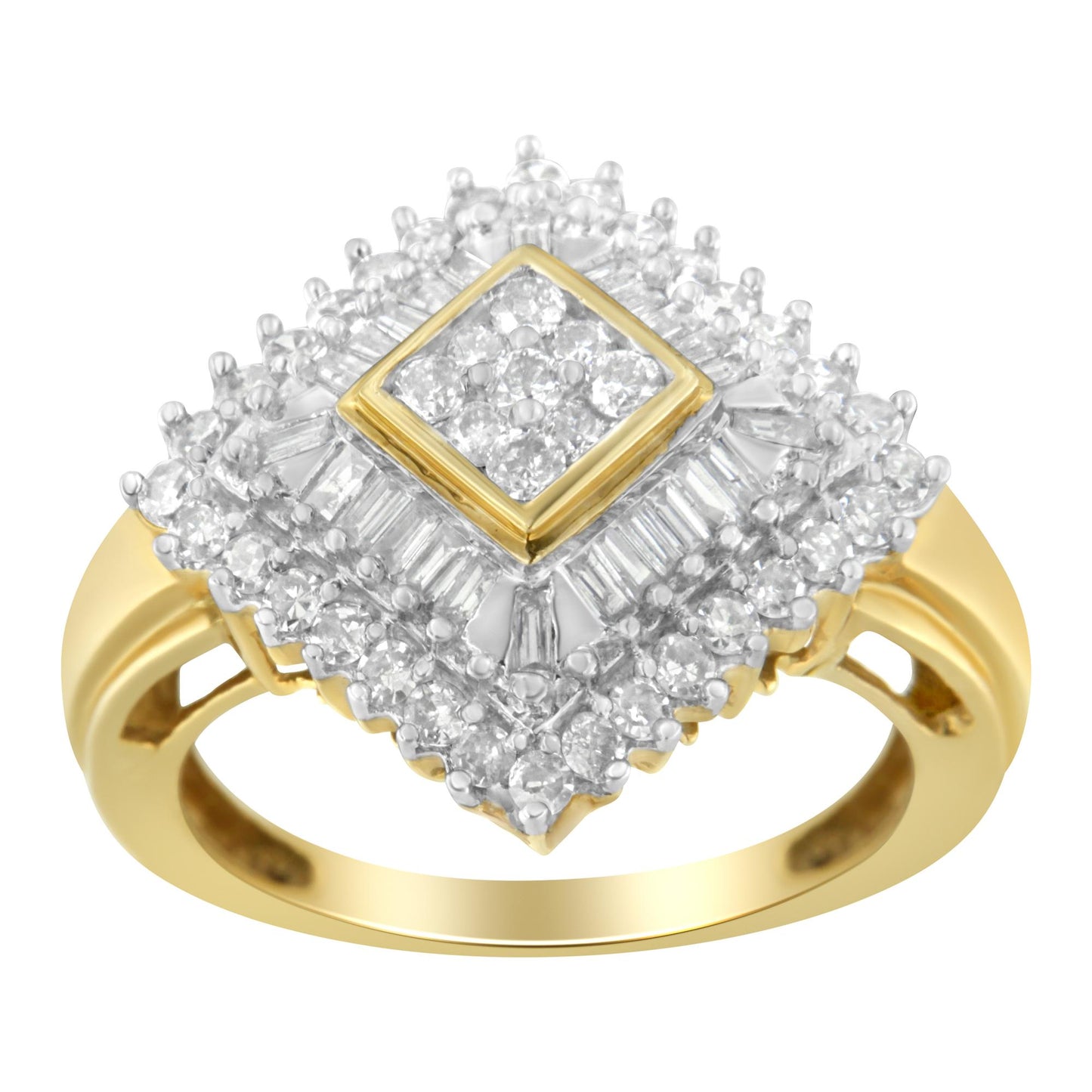 Yellow metal ring with a square cluster of white round and baguette gemstones, shot from the front angle.
