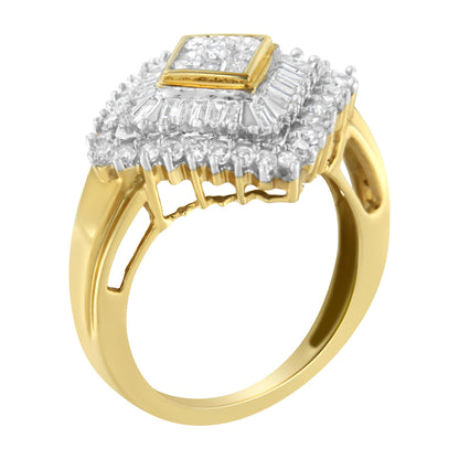 Yellow metal ring with a square cluster of white round and baguette gemstones in prong and channel settings, shown at an angled side view.