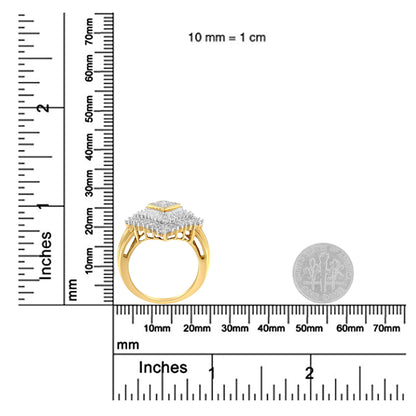 Yellow metal ring with round and baguette white gemstones in prong and channel settings, shown in side view on a ruler and scale for size reference.