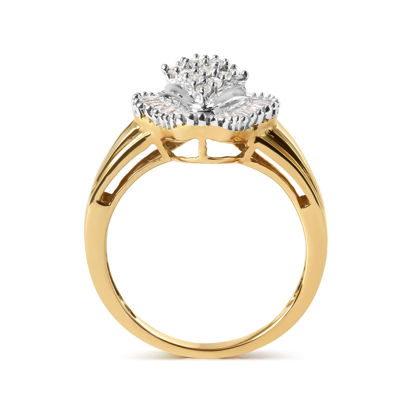 Side view of a yellow metal ring with a cluster of round white gemstones in prong settings on top, surrounded by baguette white gemstones in channel settings.