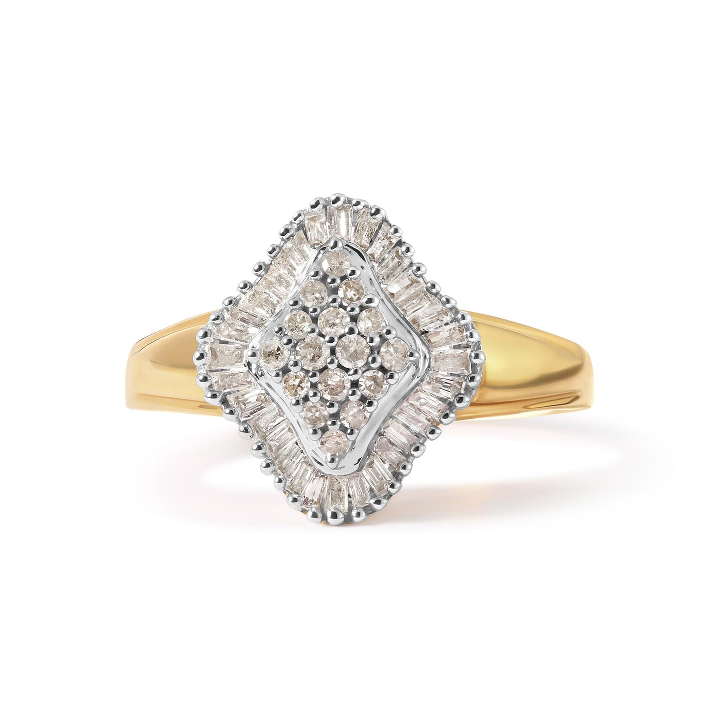 Front angle view of a yellow metal ring featuring a diamond-shaped cluster of round white gemstones in prong settings, surrounded by a halo of baguette white gemstones in channel settings.