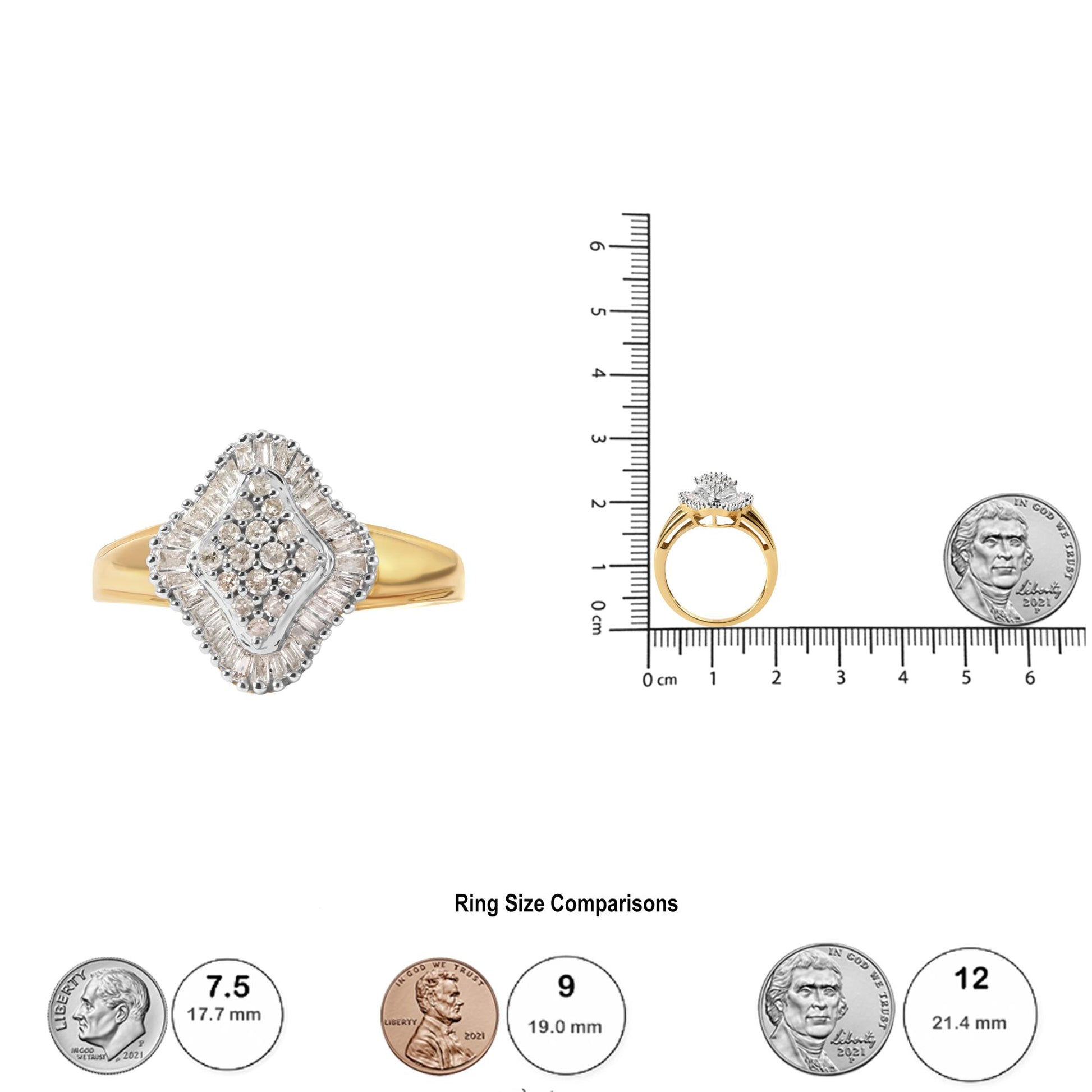 Front and side views of a yellow ring with white round prong-set gemstones clustered in the center and white baguette channel-set gemstones surrounding them, displayed next to a ruler and coins for size reference.
