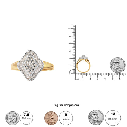 Front and side views of a yellow ring with white round prong-set gemstones clustered in the center and white baguette channel-set gemstones surrounding them, displayed next to a ruler and coins for size reference.