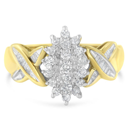 Front view of yellow and white metal ring with cluster of round white gemstones in prong setting and baguette-shaped white gemstones in channel setting on the band.