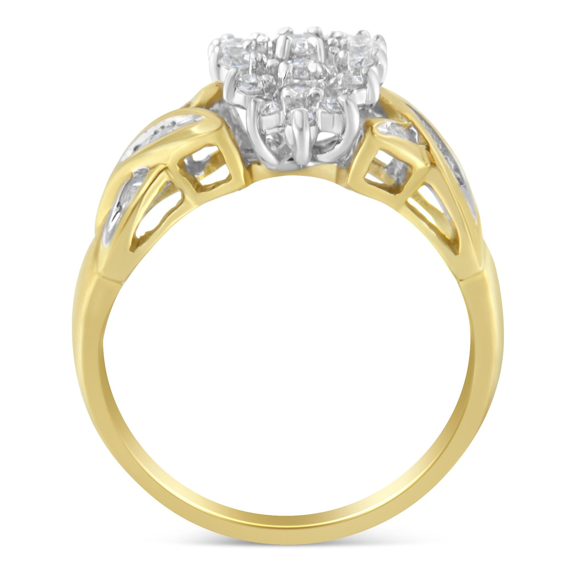 Front-facing view of a yellow and white ring with round and baguette-shaped white gemstones in prong and channel settings.