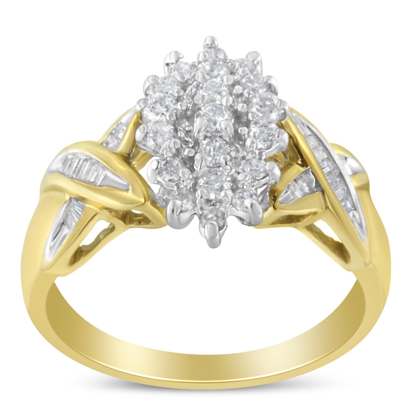 Front angle of a yellow and white metal ring featuring a cluster of round white gemstones in prong settings at the center and baguette-shaped white gemstones in channel settings on the shoulders.