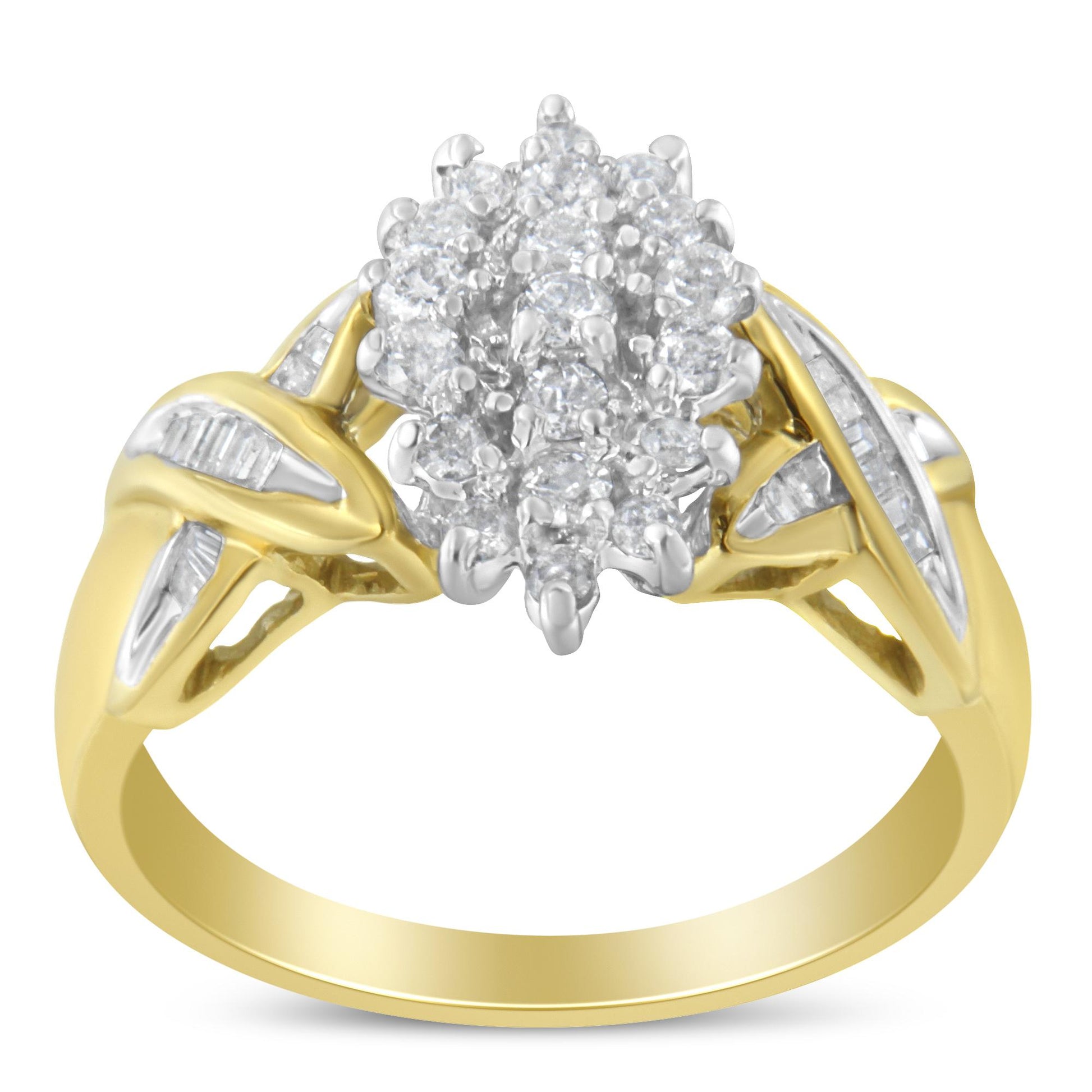Front angle of a yellow and white metal ring featuring a cluster of round white gemstones in prong settings at the center and baguette-shaped white gemstones in channel settings on the shoulders.
