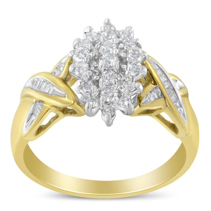 Front angle of a yellow and white metal ring featuring a cluster of round white gemstones in prong settings at the center and baguette-shaped white gemstones in channel settings on the shoulders.