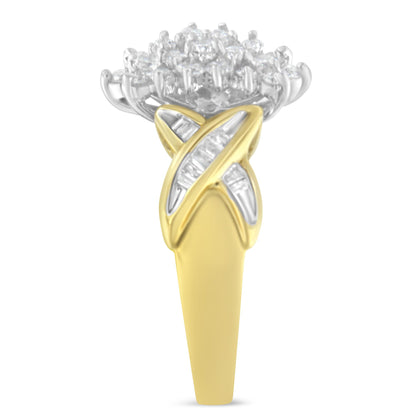 Front view of a yellow and white metal ring featuring a cluster of round white gemstones in prong settings at the top, with a crisscross design on the band accented by channel-set baguette white gemstones.