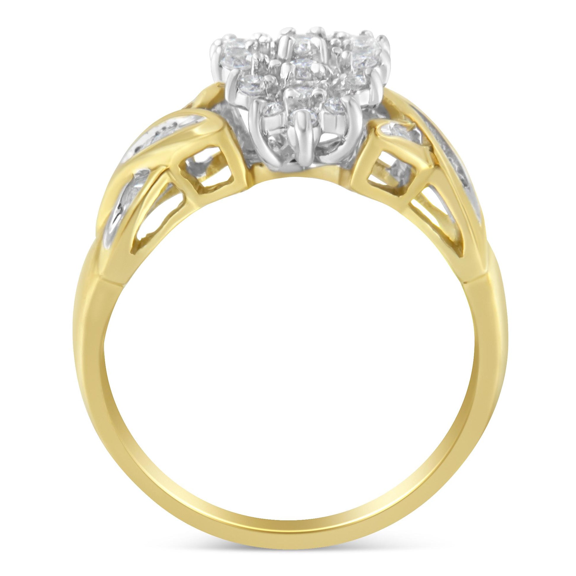 Front view of a yellow metal ring featuring a cluster of white round gemstones in prong setting at the center and white baguette gemstones in channel setting along the band.