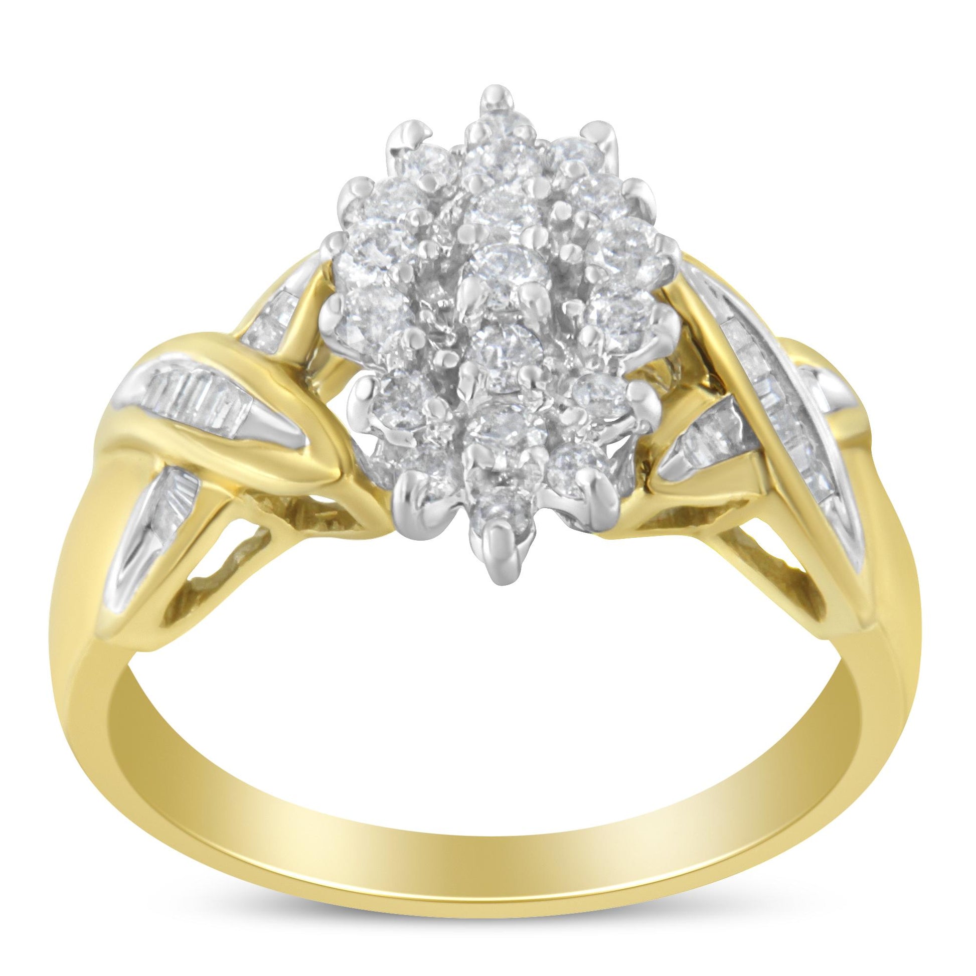 Front angle view of a yellow metal ring with clustered round white gemstones in prong settings at the center and white baguette gemstones in channel settings along the band.
