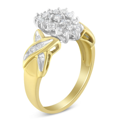 Yellow metal ring with a cluster of round white gemstones in prong settings on top and baguette white gemstones in channel settings on the band, angled slightly from the side.