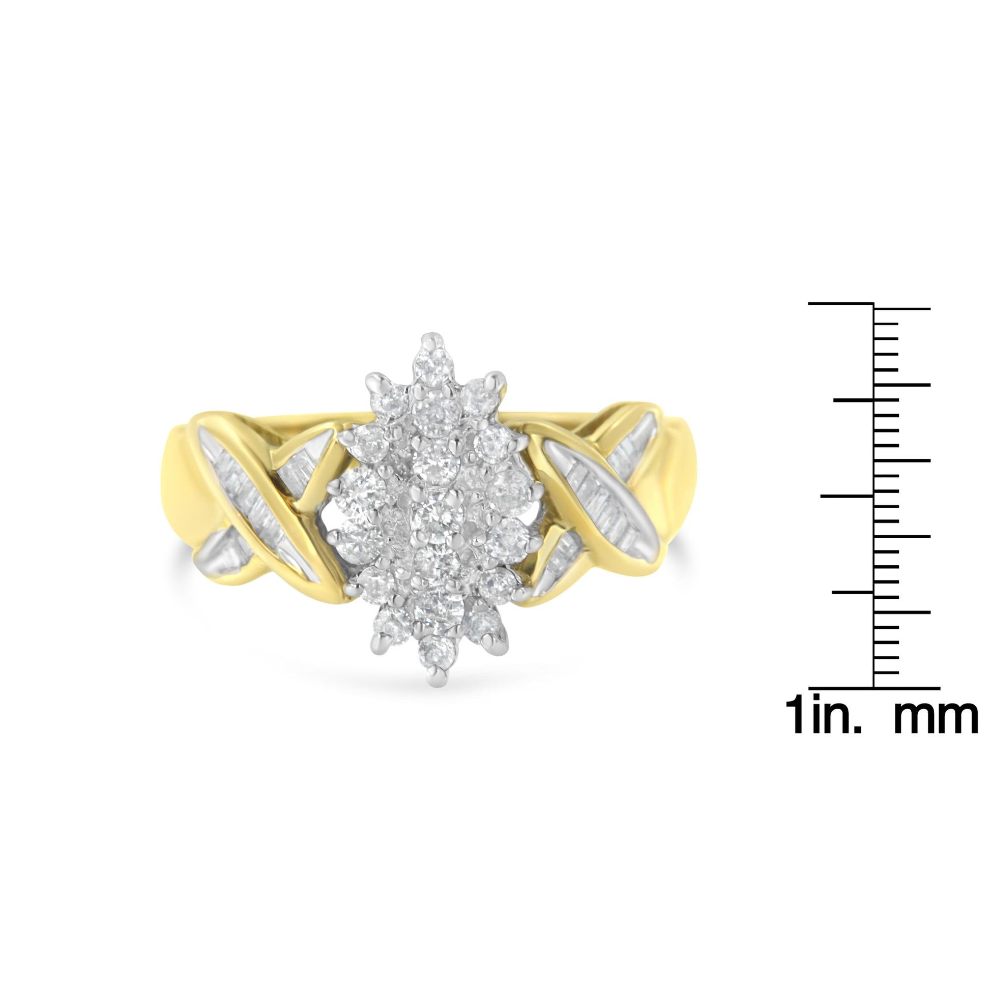 Front angle view of a yellow metal ring with a cluster of round white gemstones in prong settings at the center, flanked by baguette white gemstones in channel settings on the band, shown next to a ruler for size reference.