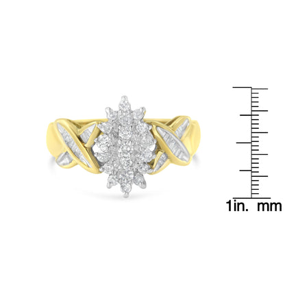 Front angle view of a yellow metal ring with a cluster of round white gemstones in prong settings at the center, flanked by baguette white gemstones in channel settings on the band, shown next to a ruler for size reference.