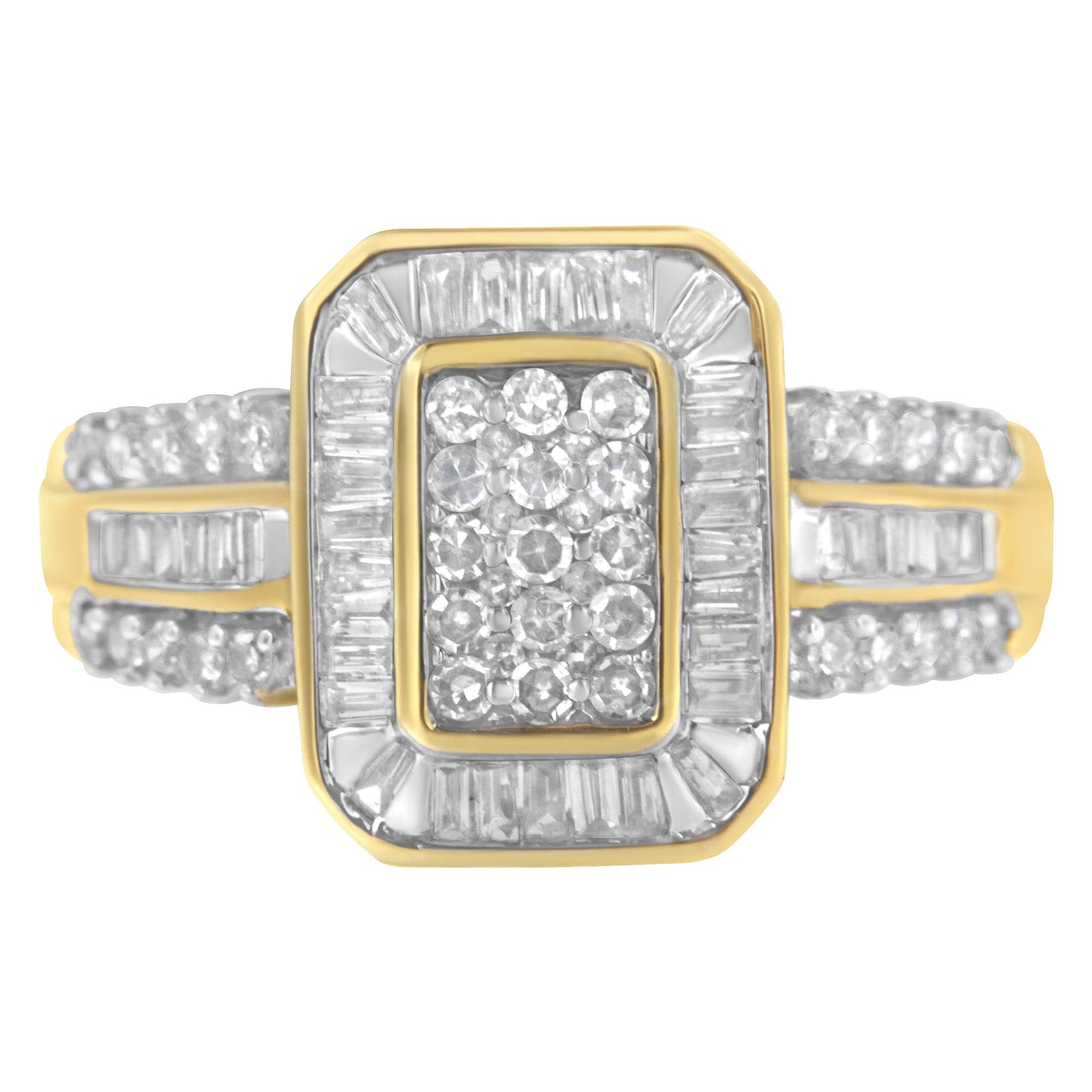 Front angle view of a yellow ring featuring a rectangular cluster of round white gemstones in prong settings surrounded by a border of baguette white gemstones in channel settings, with additional round and baguette white gemstones adorning the band.