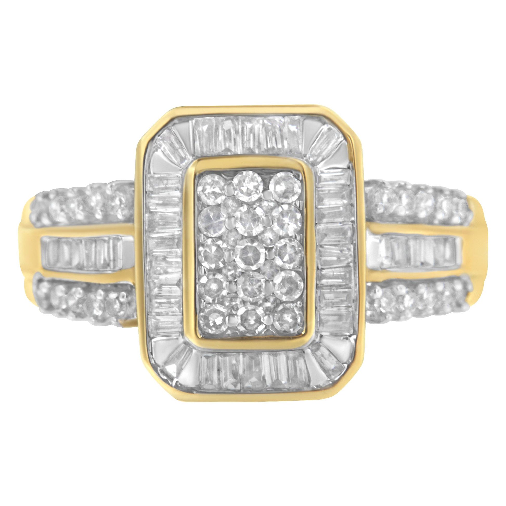 Front angle view of a yellow ring featuring a rectangular cluster of round white gemstones in prong settings surrounded by a border of baguette white gemstones in channel settings, with additional round and baguette white gemstones adorning the band.