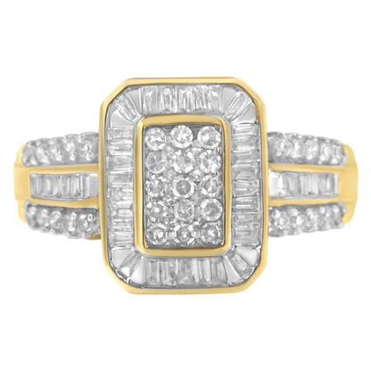 Front angle view of a yellow ring featuring a rectangular cluster of round white gemstones in prong settings surrounded by a border of baguette white gemstones in channel settings, with additional round and baguette white gemstones adorning the band.