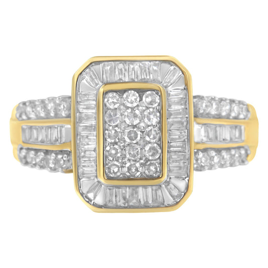 Front angle view of a yellow ring featuring a rectangular cluster of round white gemstones in prong settings surrounded by a border of baguette white gemstones in channel settings, with additional round and baguette white gemstones adorning the band.