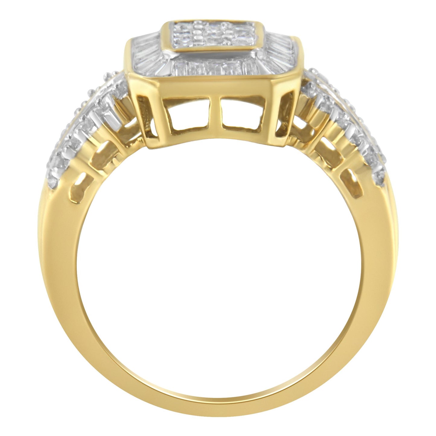 Yellow metal ring with round and baguette white gemstones set on top and along the sides, shown from a front angle.