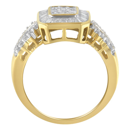 Yellow metal ring with round and baguette white gemstones set on top and along the sides, shown from a front angle.