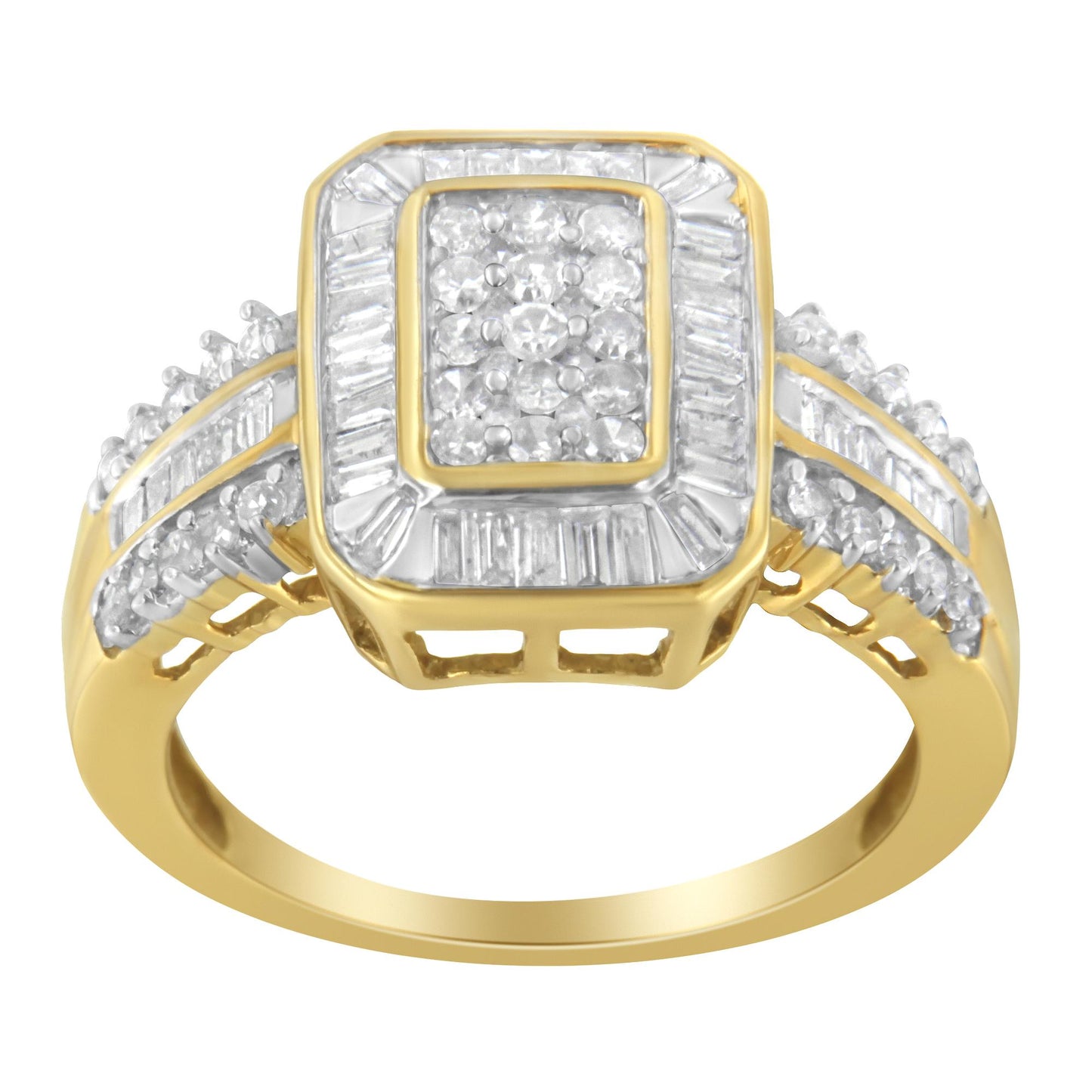 Front-facing yellow metal ring with square cluster of round white gemstones in prong setting, surrounded by rectangular white gemstones in channel setting, and additional round white gemstones in prong setting along the band.