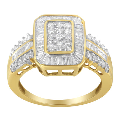 Front-facing yellow metal ring with square cluster of round white gemstones in prong setting, surrounded by rectangular white gemstones in channel setting, and additional round white gemstones in prong setting along the band.