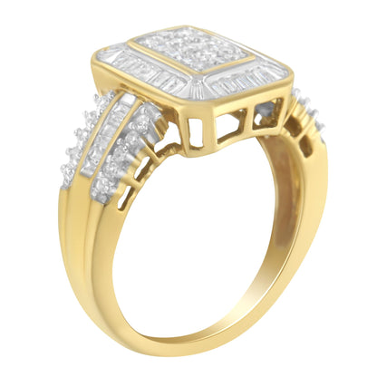 Yellow metal ring with raised square top featuring multiple white round and baguette gemstones, side view angled slightly from above.