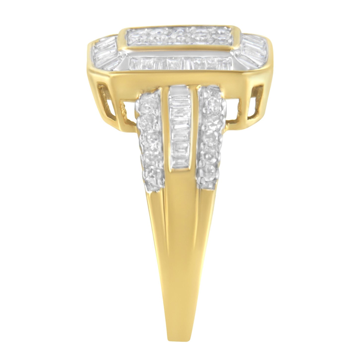 Yellow metal ring shown from a side angle, featuring white round and baguette-shaped gemstones in prong and channel settings.