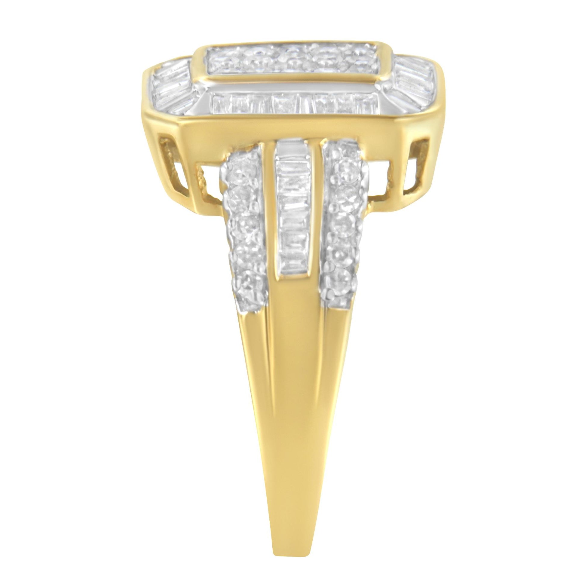 Yellow metal ring shown from a side angle, featuring white round and baguette-shaped gemstones in prong and channel settings.