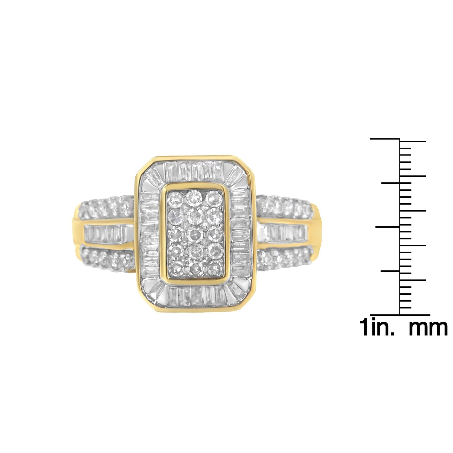 Front view of a yellow metal ring with a rectangular cluster of white round and baguette gemstones, shown next to a ruler for size reference.