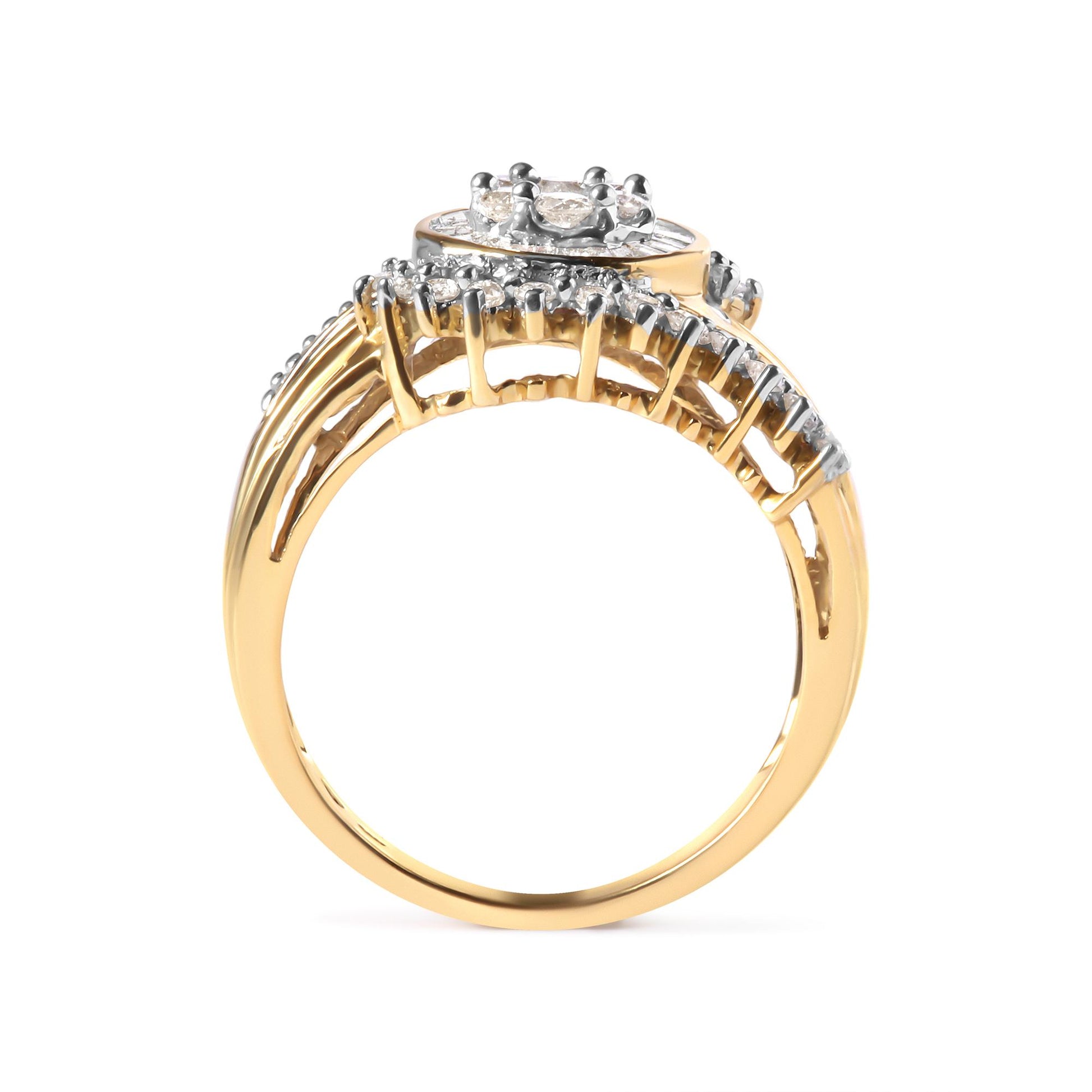 Side view of yellow ring with round white gemstones in prong settings and baguette white gemstones in channel settings.