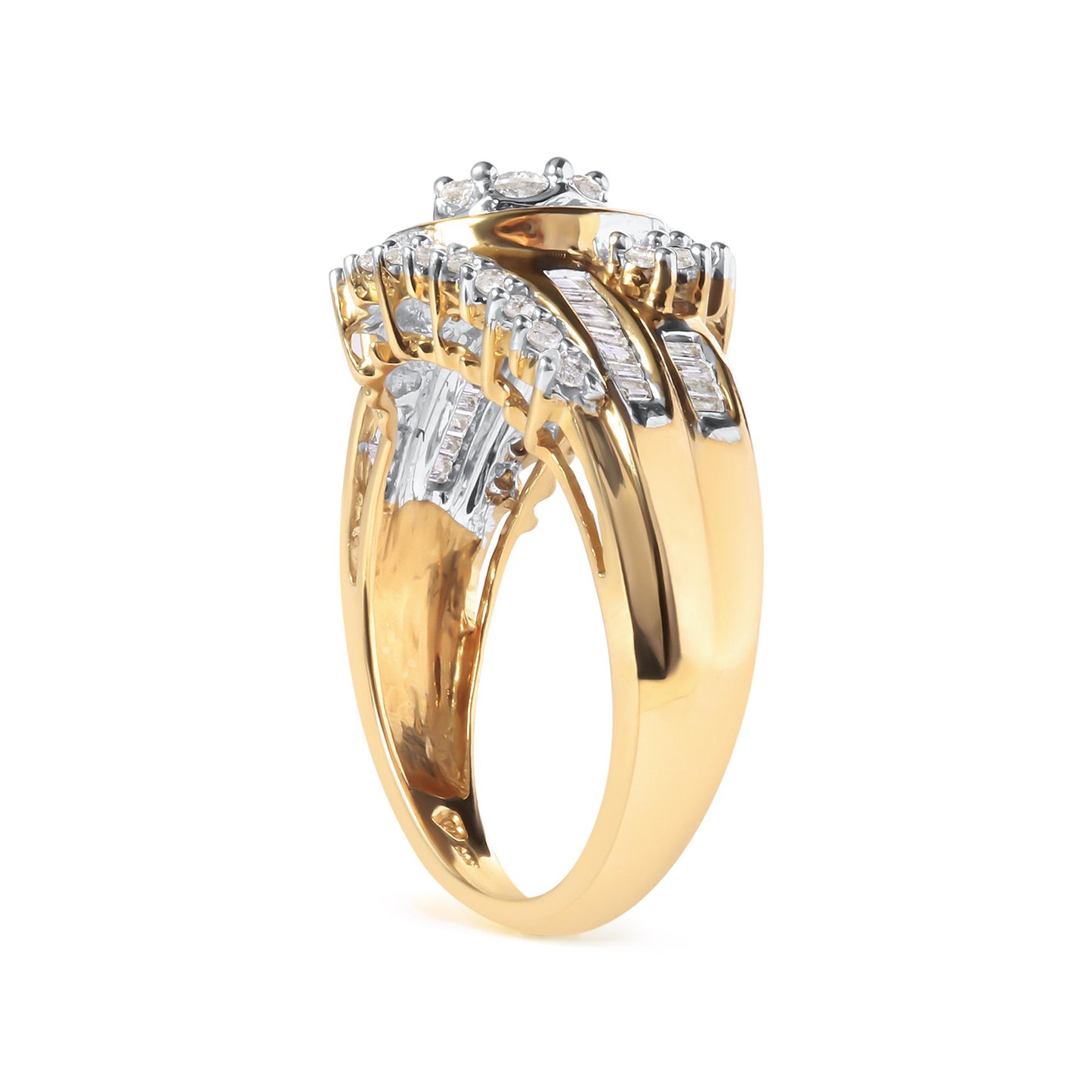 Yellow metal ring with round white gemstones in prong settings and baguette white gemstones in channel settings, shown from a side angle.