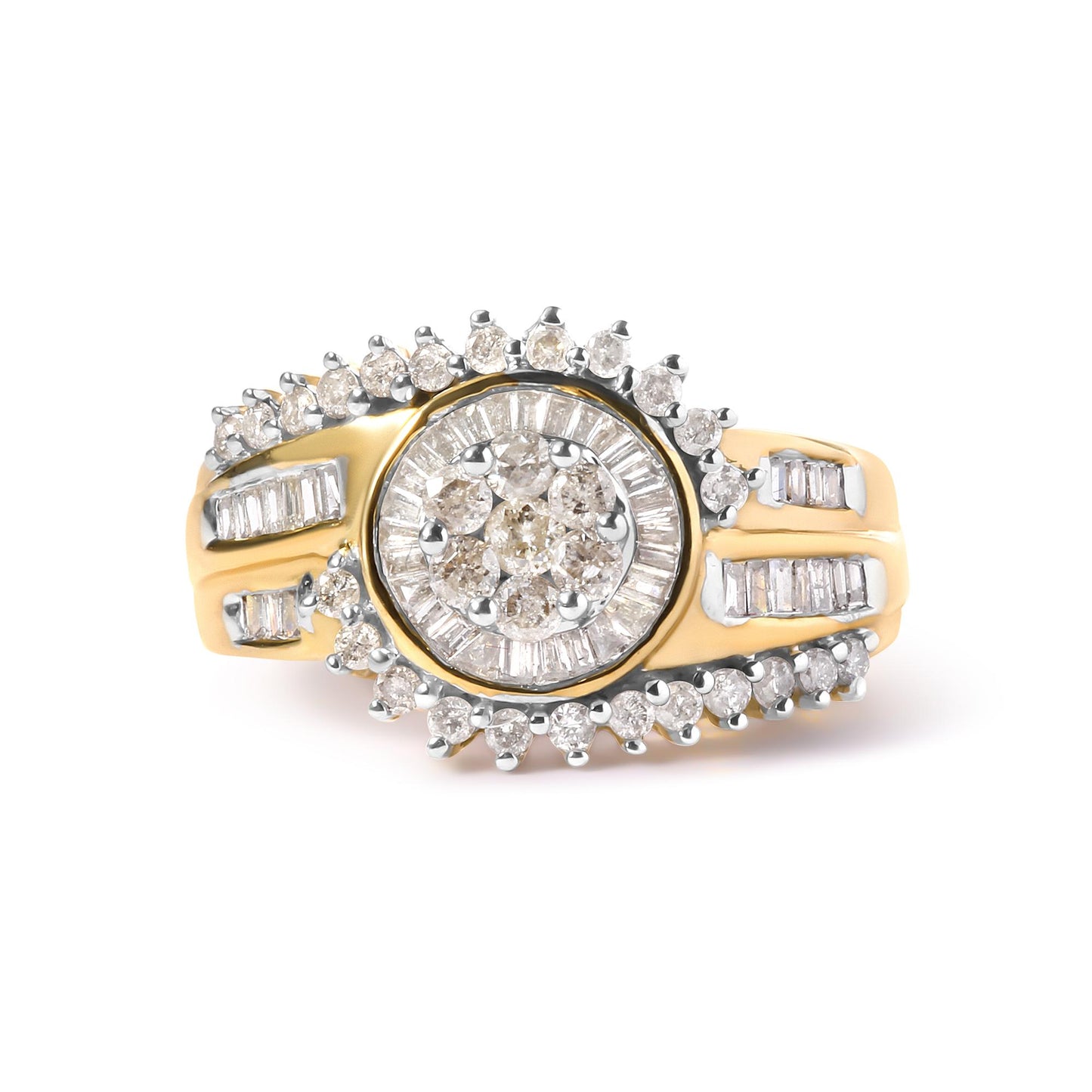 Front angle view of a yellow ring featuring round white gemstones in prong settings surrounding the center, accented by baguette white gemstones in channel settings along the band.