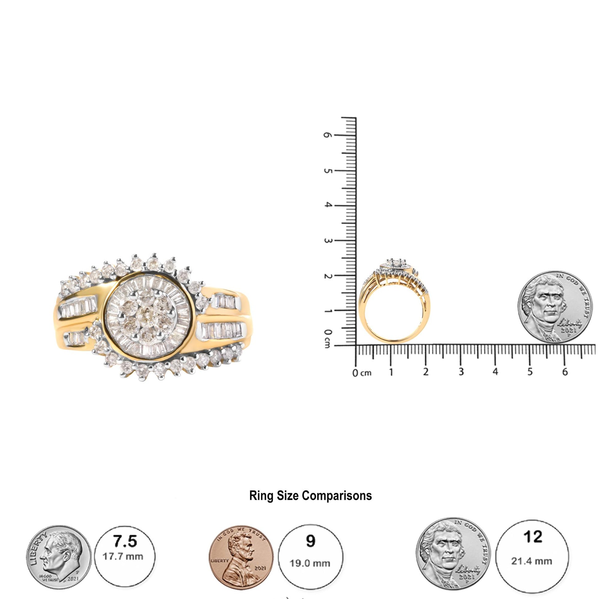 Yellow metal ring with a circular cluster of round white gemstones set in prongs in the center, surrounded by baguette and round white gemstones in channel and prong settings. The ring is shown from a front and side angle, placed next to a ruler and coins for size reference.
