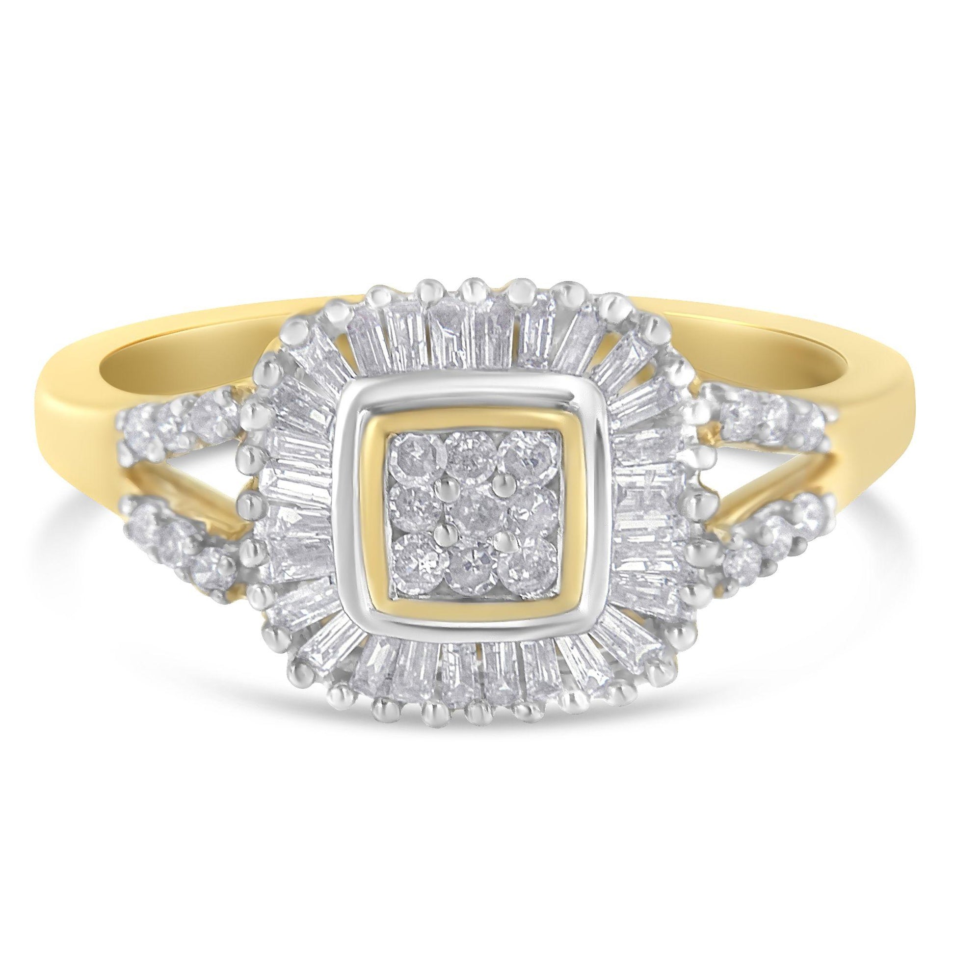 Front-facing shot of a yellow metal ring featuring a square cluster of round white gemstones in prong setting, surrounded by a halo of baguette white gemstones in channel setting, with additional round white gemstones along the split band.
