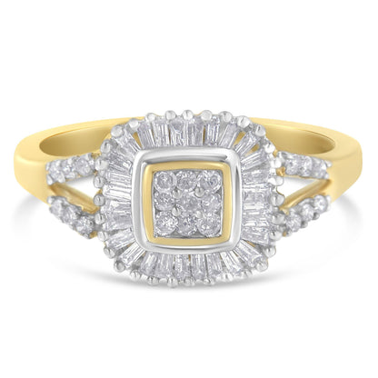 Front-facing shot of a yellow metal ring featuring a square cluster of round white gemstones in prong setting, surrounded by a halo of baguette white gemstones in channel setting, with additional round white gemstones along the split band.