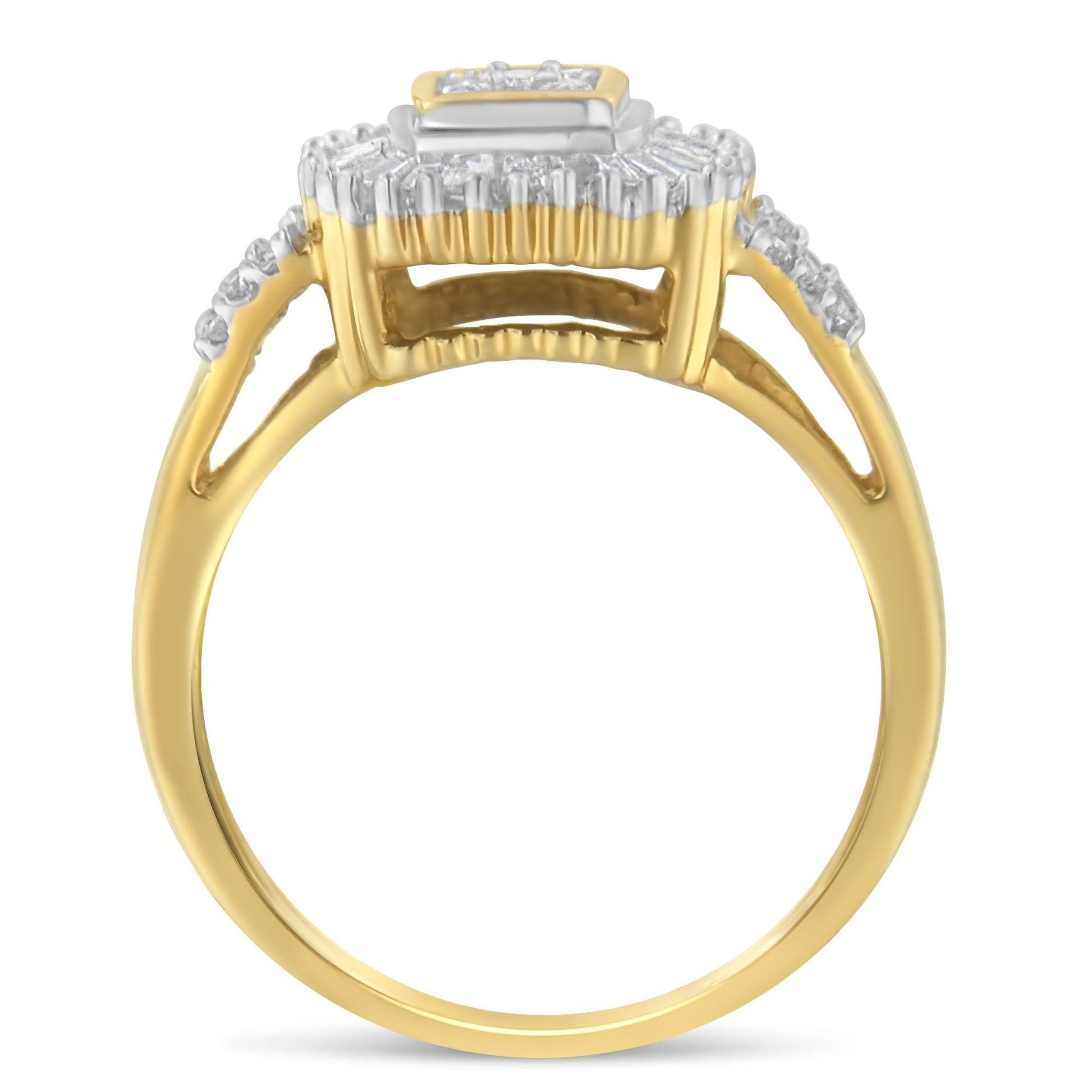 Side view of a yellow ring featuring round white gemstones in prong settings and baguette white gemstones in channel settings along the band.