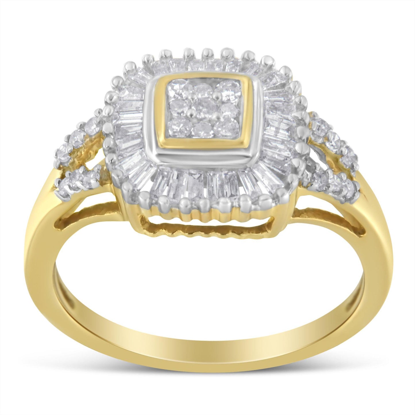 Front angle view of a yellow metal ring featuring a square cluster of round white gemstones in prong settings surrounded by a halo of baguette white gemstones in channel settings, with additional round white gemstones on the split band.