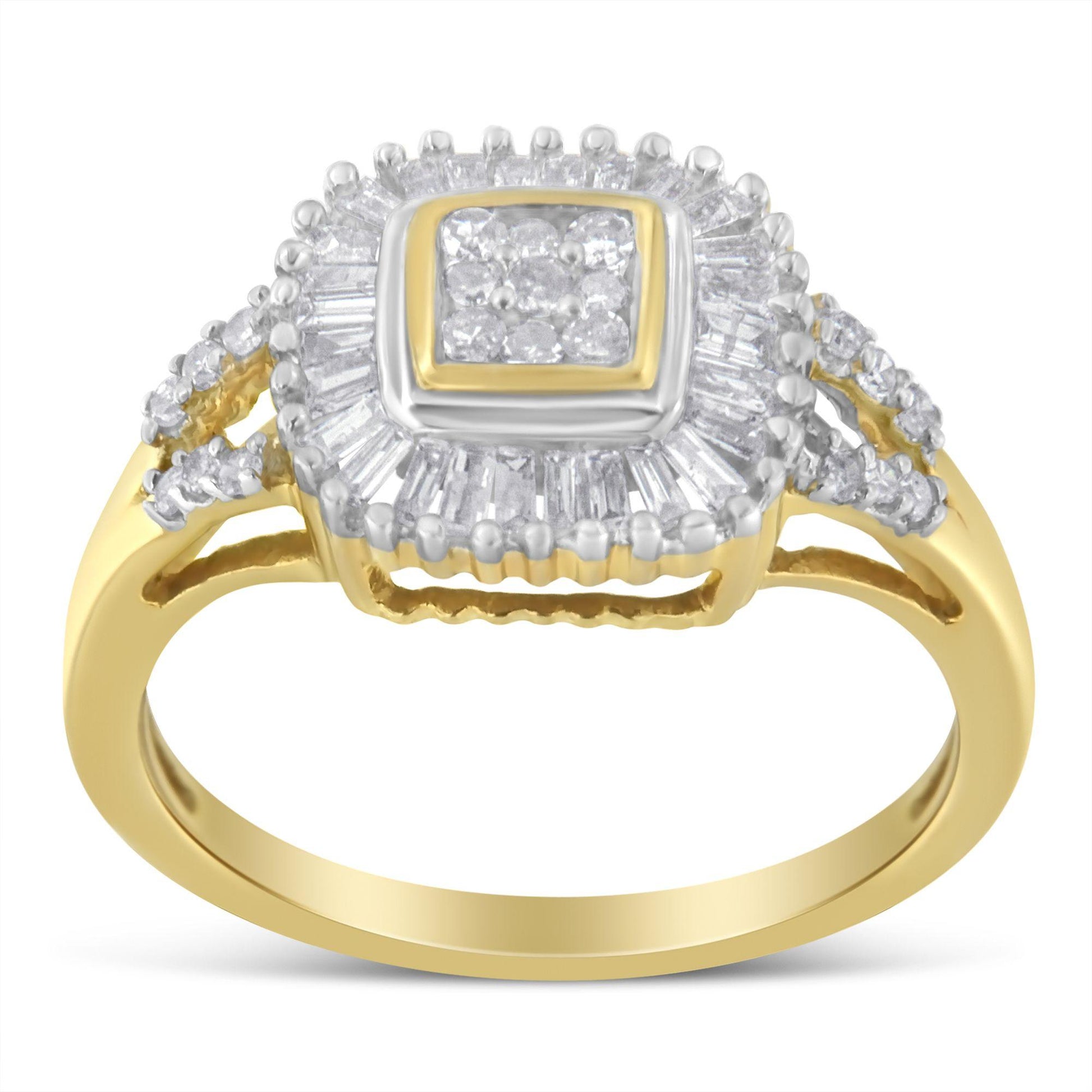 Front angle view of a yellow metal ring featuring a square cluster of round white gemstones in prong settings surrounded by a halo of baguette white gemstones in channel settings, with additional round white gemstones on the split band.