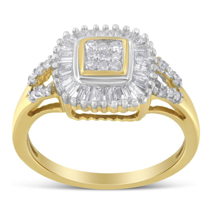 Front angle view of a yellow metal ring featuring a square cluster of round white gemstones in prong settings surrounded by a halo of baguette white gemstones in channel settings, with additional round white gemstones on the split band.