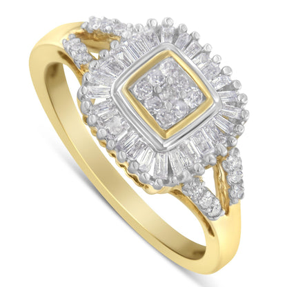Yellow metal ring with a square cluster of round white gemstones in prong settings, surrounded by a halo of baguette white gemstones in channel settings, shown at an angled top view.
