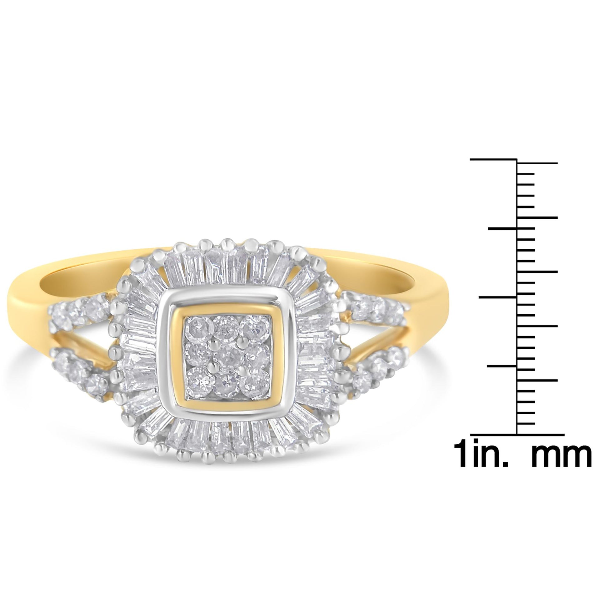 Yellow ring with a cluster of round white gemstones in prong setting in the center, surrounded by a halo of baguette-shaped white gemstones in channel setting, shown in a front-facing close-up with a ruler for size reference.
