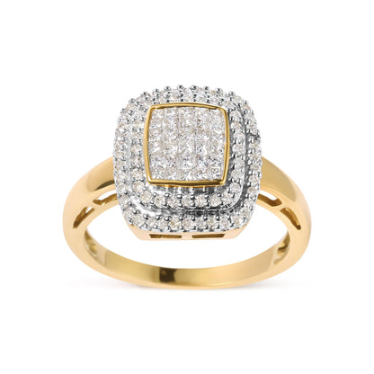 Front-facing shot of a yellow metal ring featuring a square cluster of princess-shaped white gemstones with invisible setting, surrounded by multiple rows of round-shaped white gemstones in pave setting.
