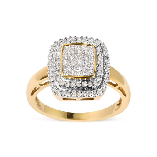 Front-facing shot of a yellow metal ring featuring a square cluster of princess-shaped white gemstones with invisible setting, surrounded by multiple rows of round-shaped white gemstones in pave setting.